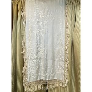 Vintage Silk Hand Embroidered Off White Runner Scarf Knotted Fringe